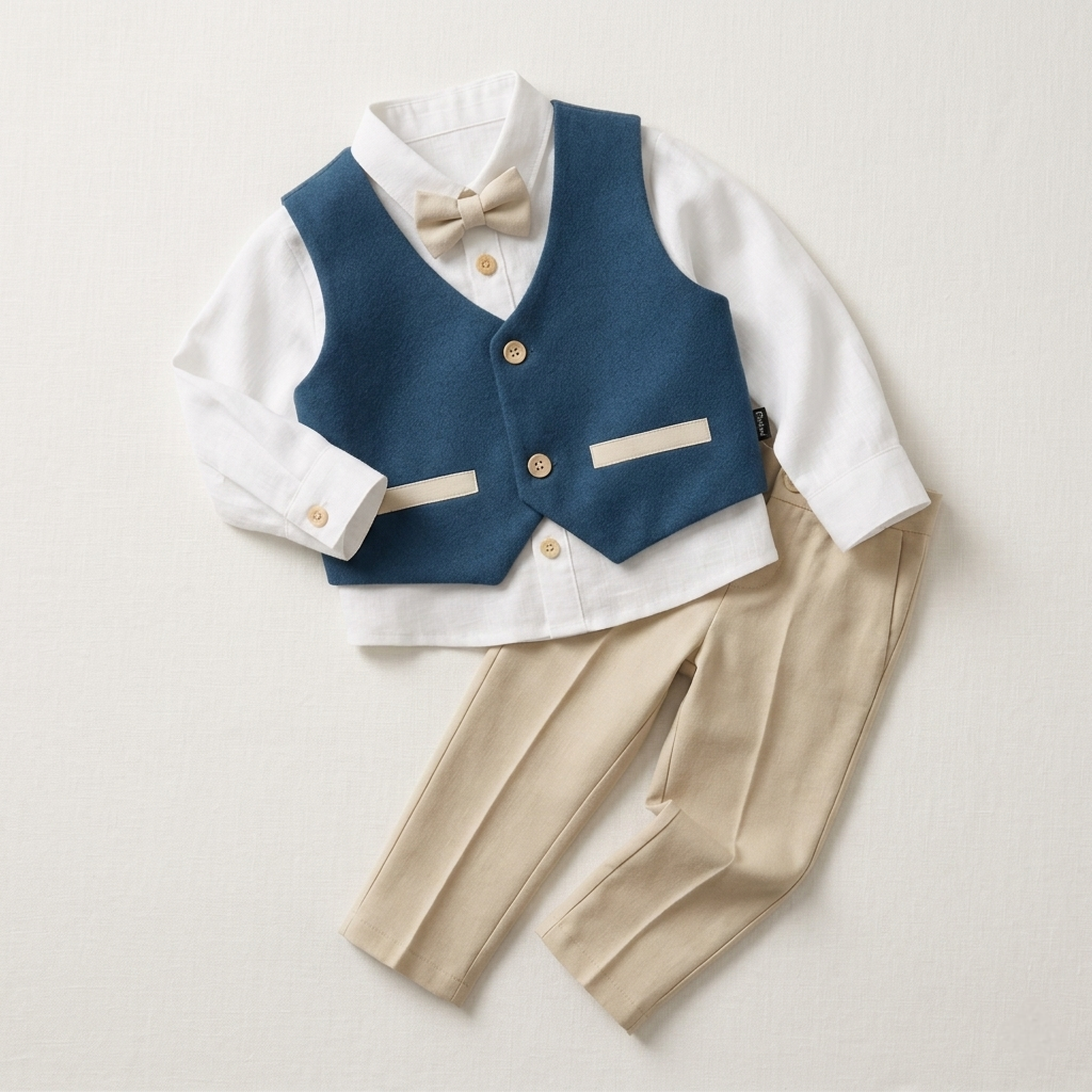 Blue & Beige Toddler Formal Outfit – 4-Piece Set