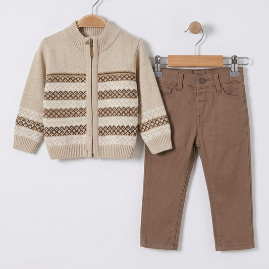 The Ezra 2-Piece Zip Cardigan & Pants Set – Cream & Brown