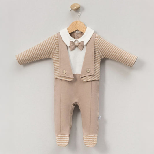 Beige & White Baby Romper – Formal One-Piece Suit with Bow Tie, Striped Lapels & Footed Design
