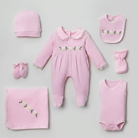 The Eleanor 7-Piece Floral Embroidered Layette & Blanket Gift Set – Soft Pink