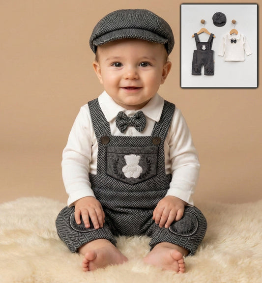 Baby Boy Formal Outfit Set – Herringbone Overalls, Bow Tie Polo Shirt & Cap with Bear Details