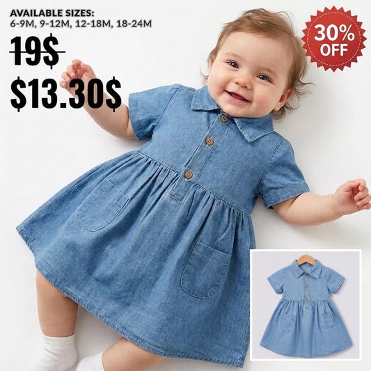 “Skyline Grace” Baby Denim Dress – Button Front & Pocket Detail
