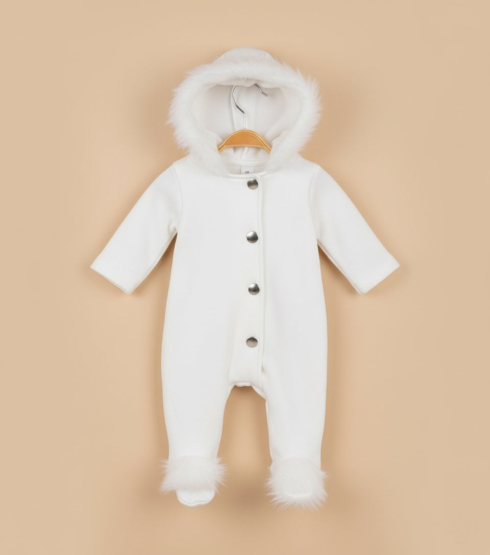 White Hooded Winter Bodysuit with Snap Buttons & Footed Legs