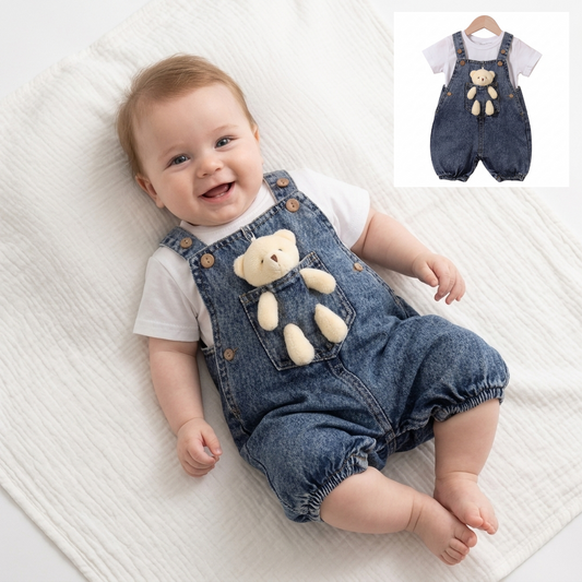 “Bear Tales” Baby Overall Set – Denim & Tee with Plush Friend