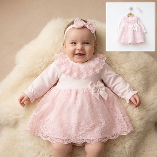 Pink Baby Girl Lace Dress – Bow & Headband Set