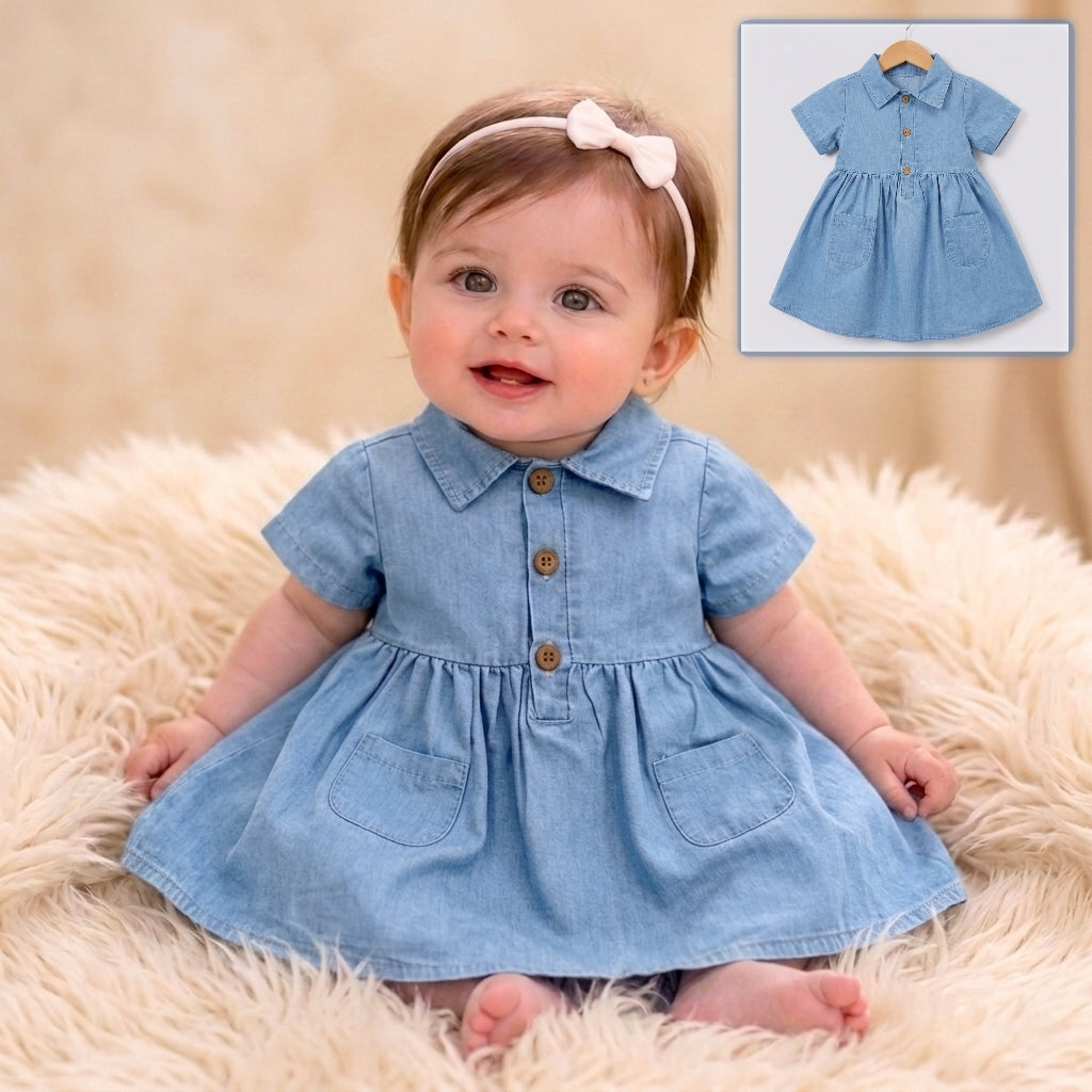 “Skyline Grace” Baby Denim Dress – Button Front & Pocket Detail
