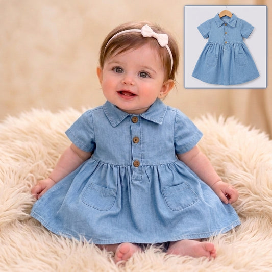 “Skyline Grace” Baby Denim Dress – Button Front & Pocket Detail