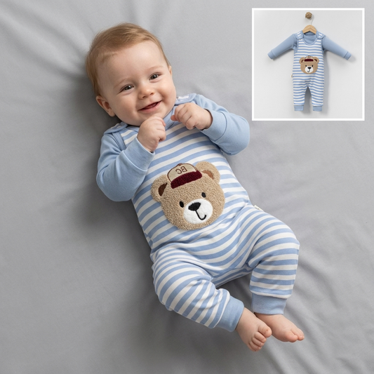 Blue Striped Bear Baby Romper – Cozy Infant Outfit
