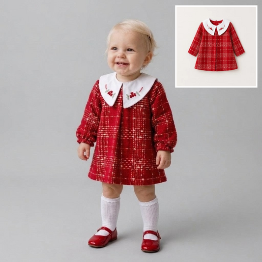 The Beatrice Floral Embroidered Plaid Dress – Holiday Red