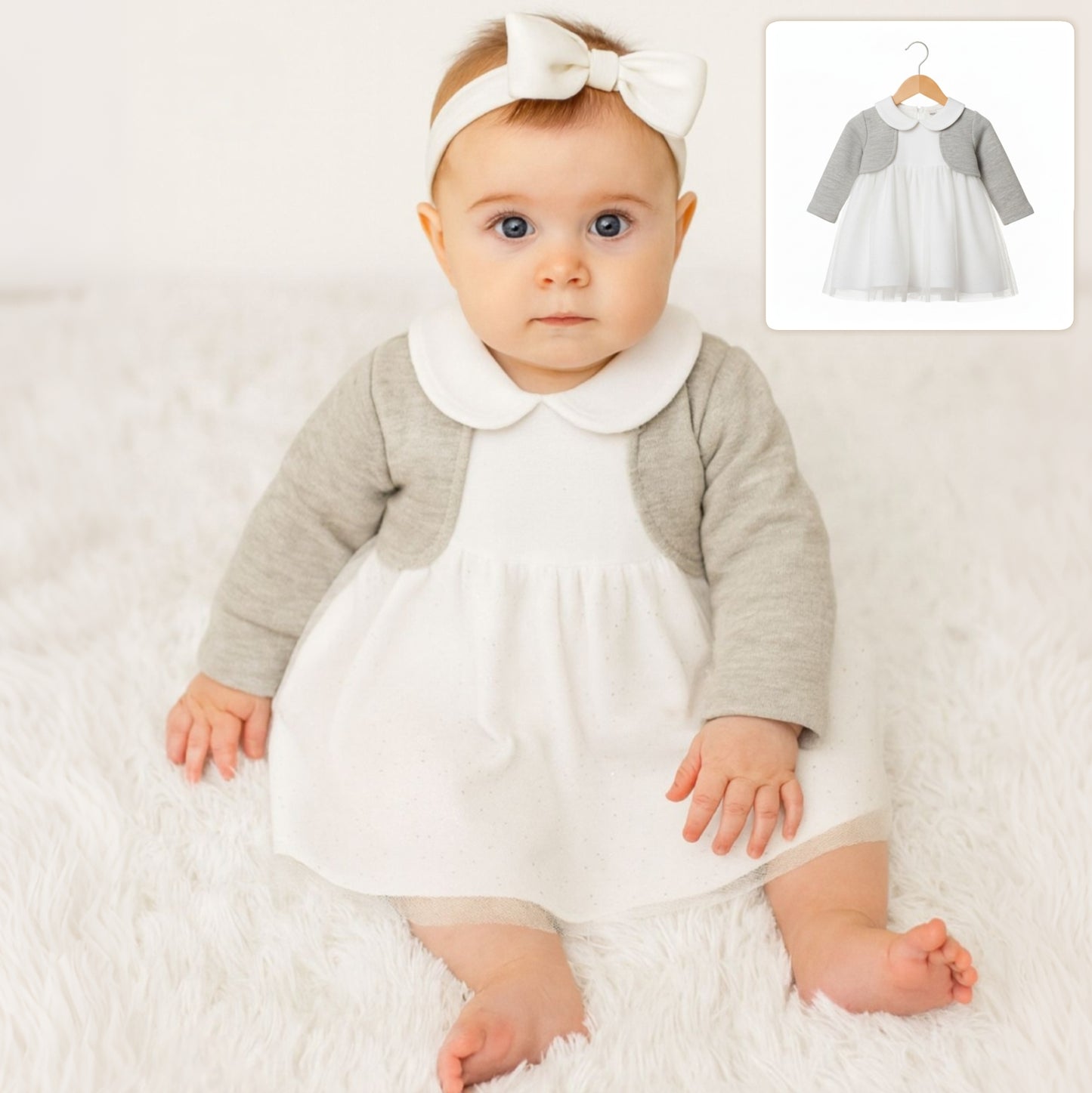 White & Gray Baby Dress – Sheer Dotted Skirt with Peter Pan Collar & Bolero Overlay