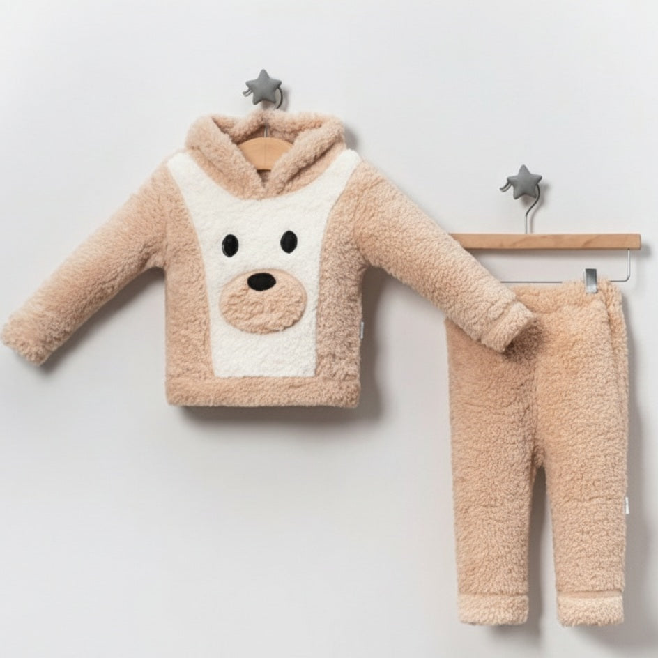 Beige Plush Bear Baby Outfit – Hooded Sweatshirt & Pants Set for Cozy Winter Comfort