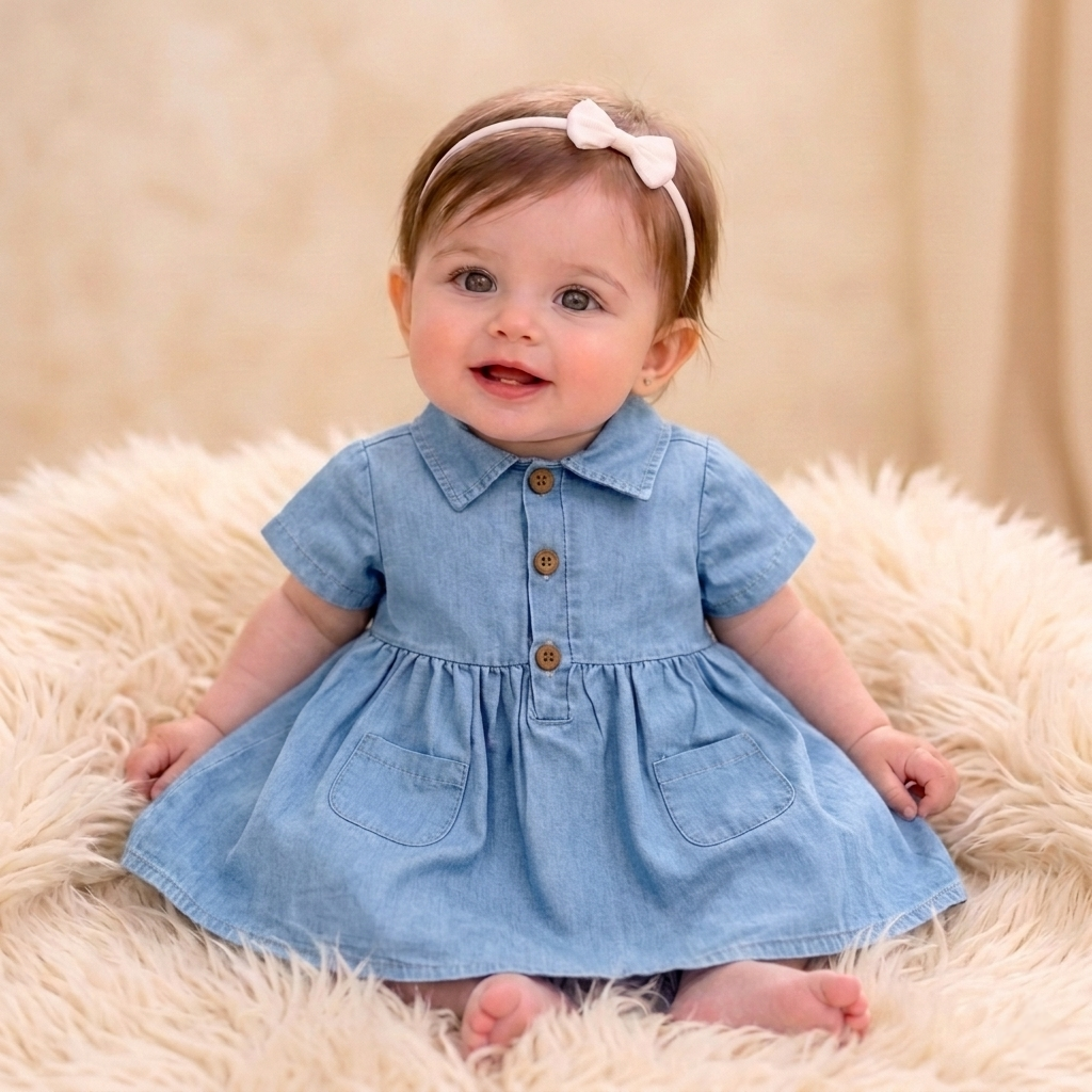 “Skyline Grace” Baby Denim Dress – Button Front & Pocket Detail
