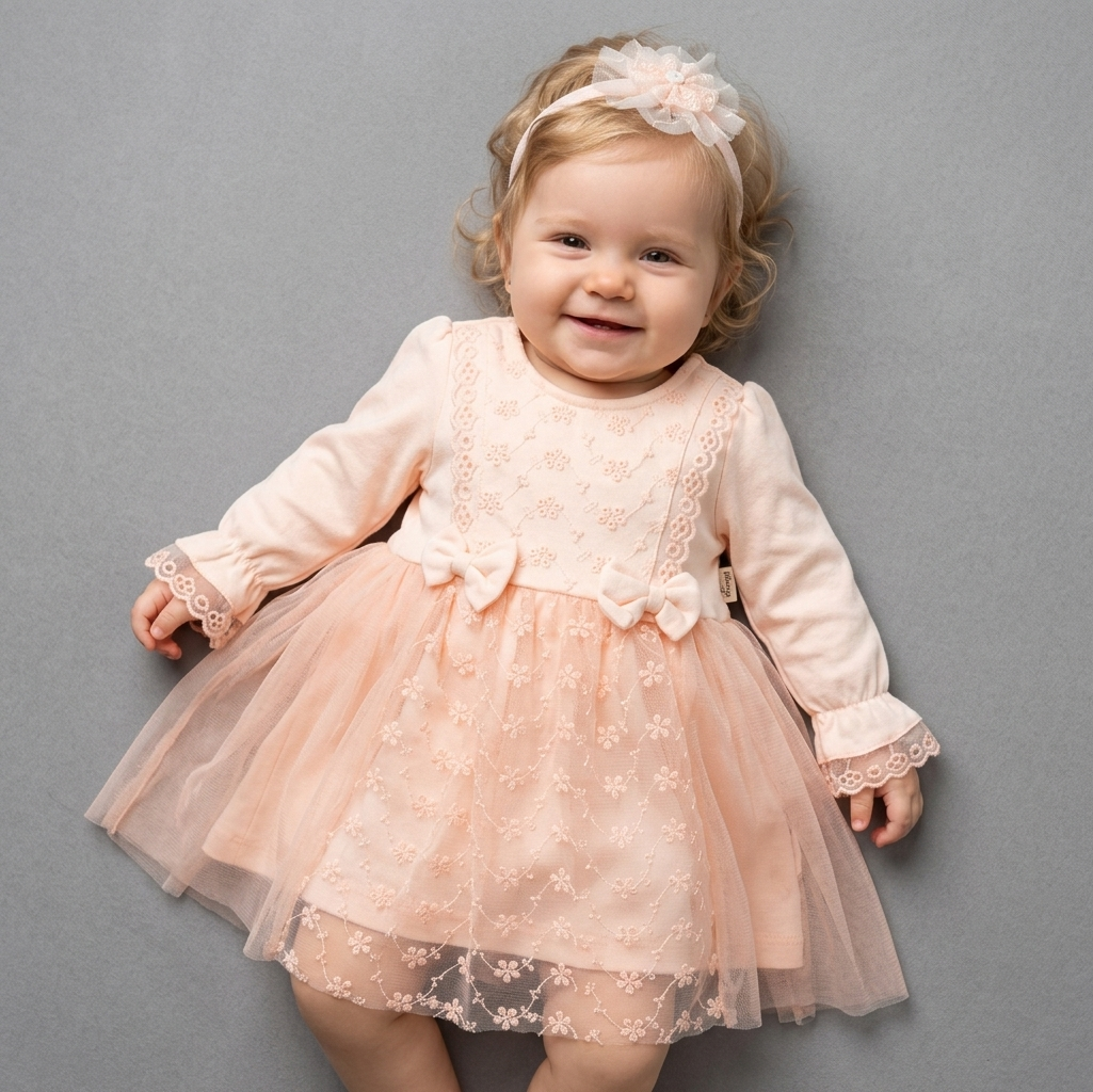 Peach Lace Baby Dress with Headband – Elegant Infant Outfit
