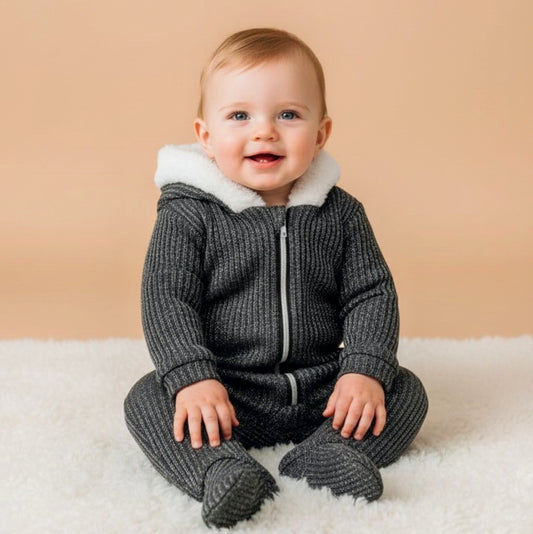 Dark Gray Ribbed Baby Onesie – Hooded Knit Bodysuit with Plush Lining & Front Zipper