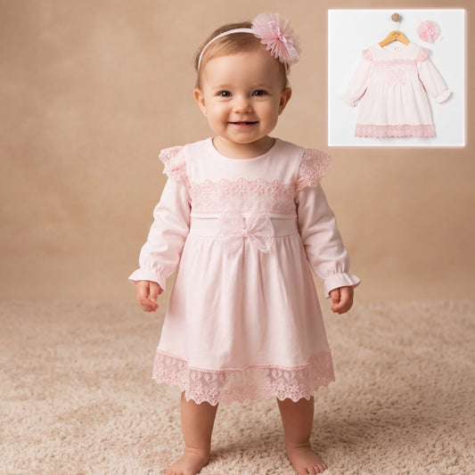 Pink Lace Baby Dress with Headband