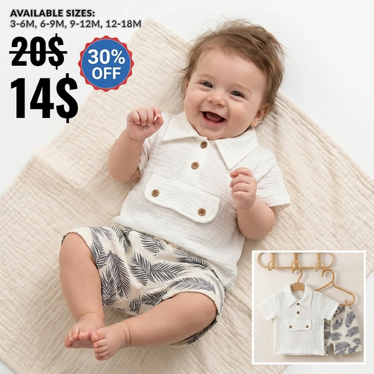 “Seaside Breeze” Baby Summer Set – Collared Shirt & Leaf Shorts