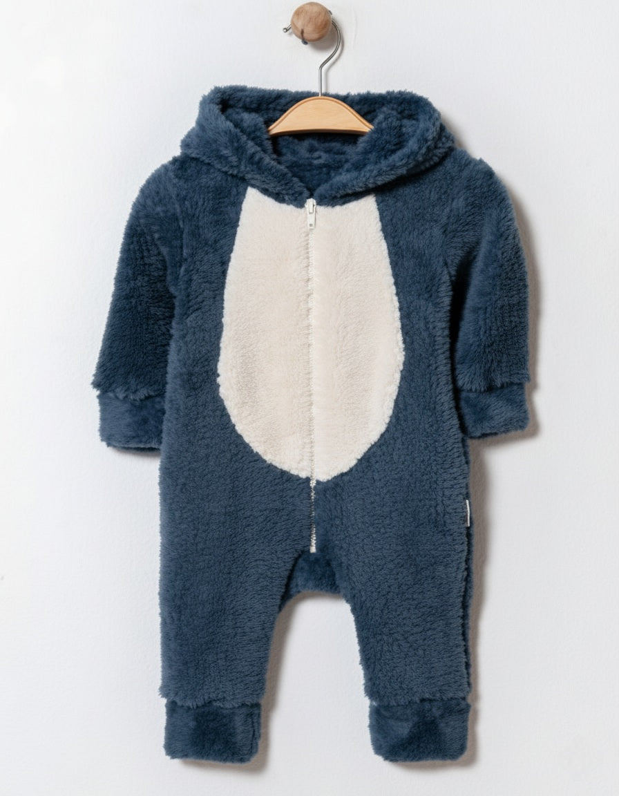 Plush Hooded Baby Jumpsuit – Dark Blue
