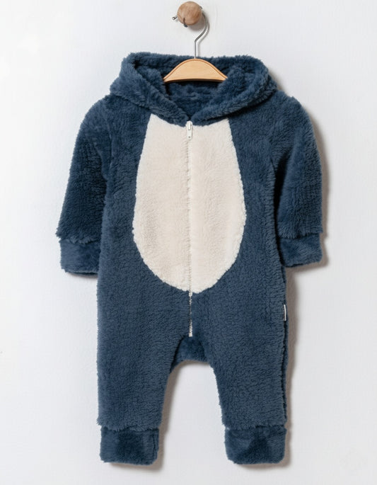 Plush Hooded Baby Jumpsuit – Dark Blue