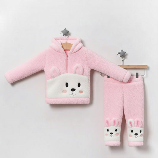 Pink Bunny Fleece Baby Outfit – Hooded Jacket & Pants Set with 3D Ears & Face Design