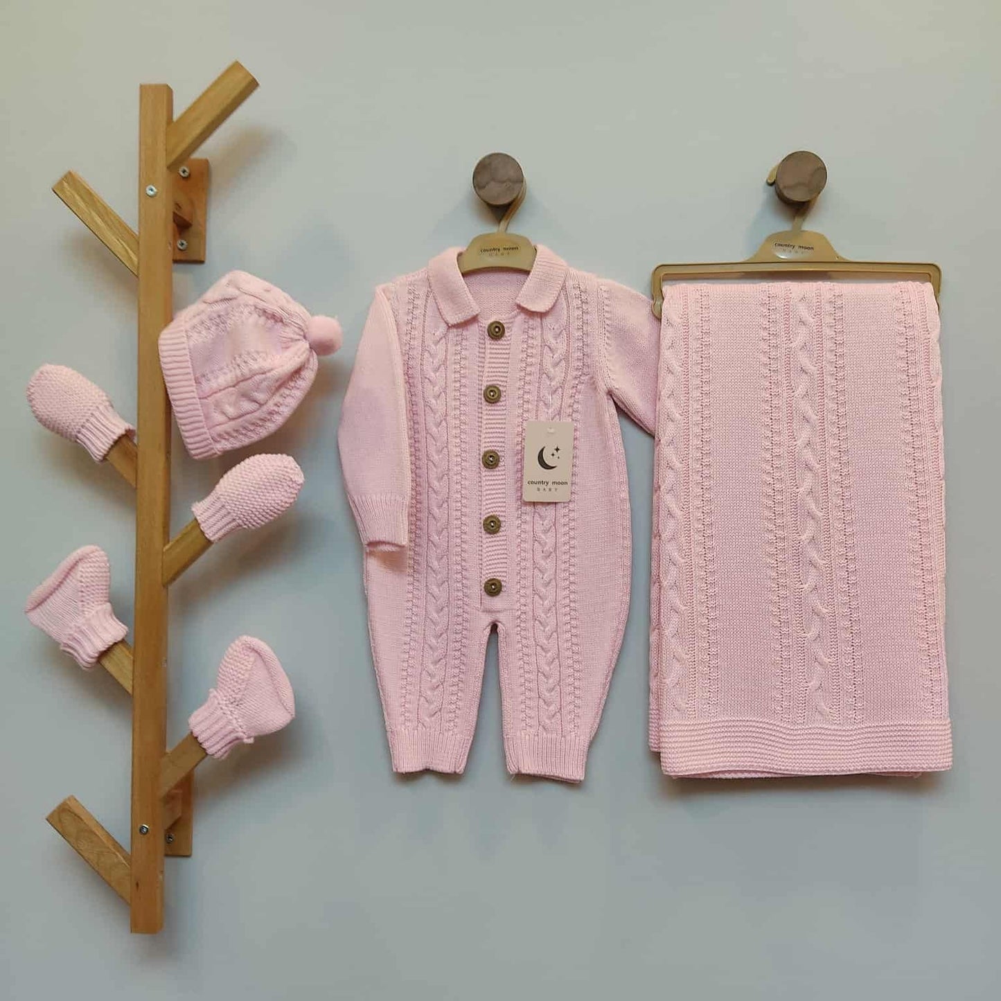 “Pink Knit” Baby Outfit Set – Pink Romper & Blanket