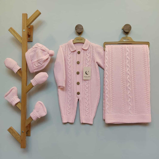 “Pink Knit” Baby Outfit Set – Pink Romper & Blanket