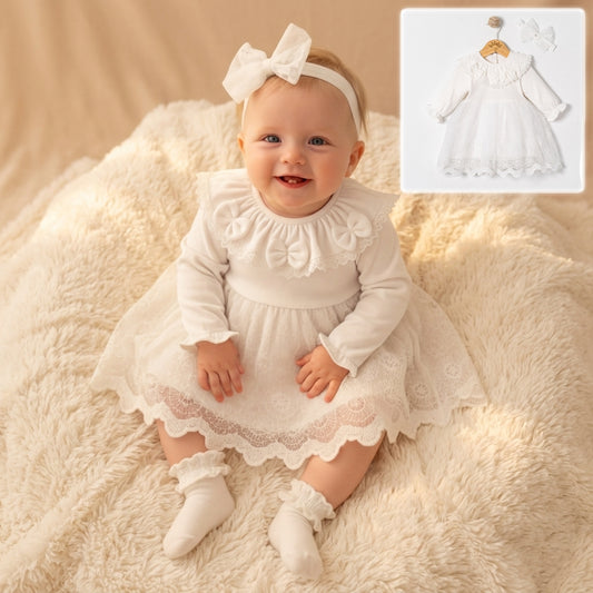 White Lace Baby Girl Dress with Headband