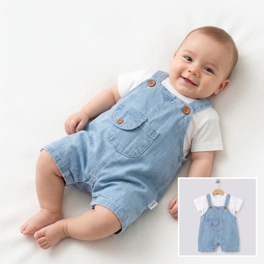 “Blue Sprout” Baby Overall Set – Denim & Tee Combo