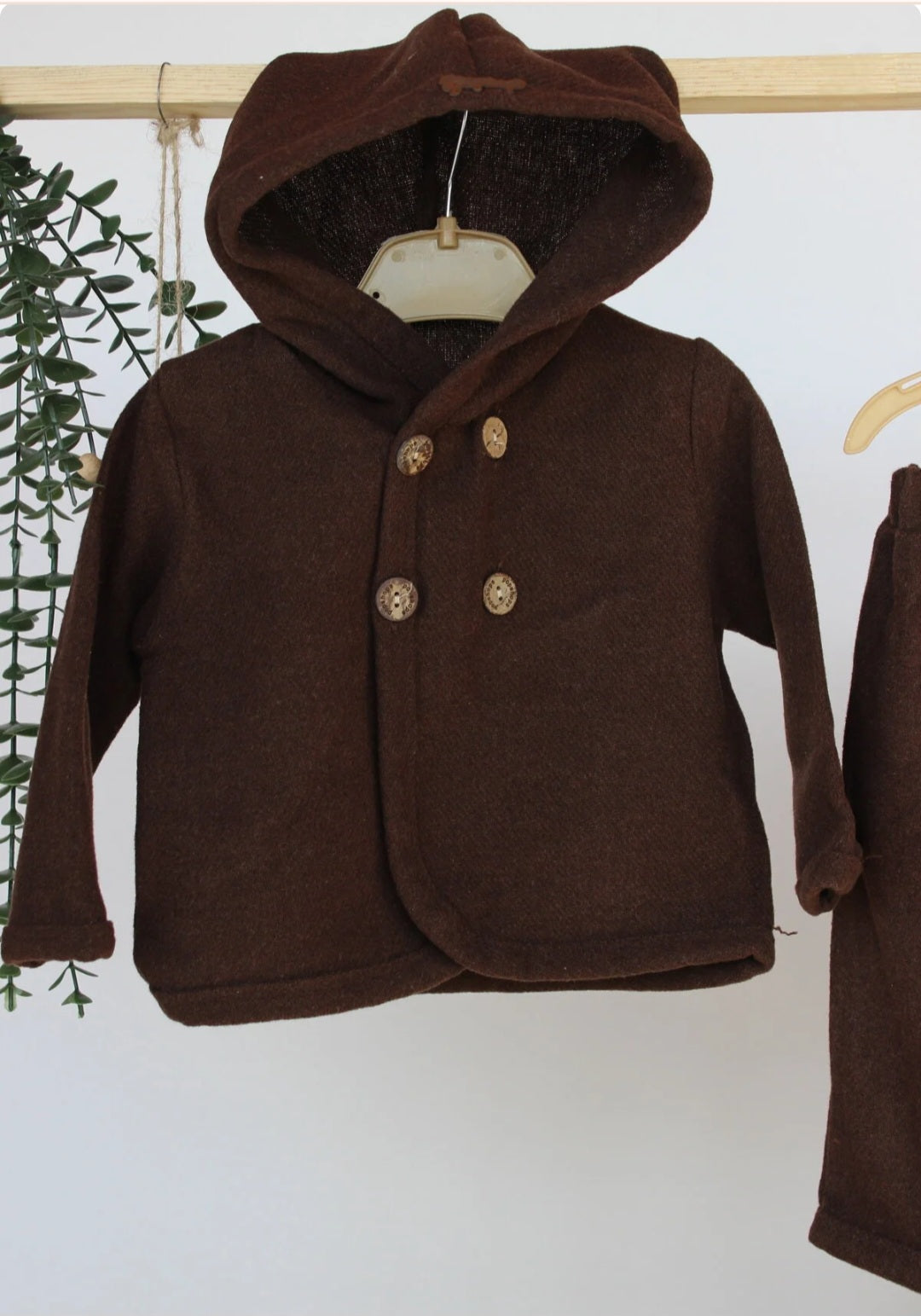 Dark Brown Toddler Outfit – Hooded Double-Breasted Coat & Matching Pants Set for Fall/Winter