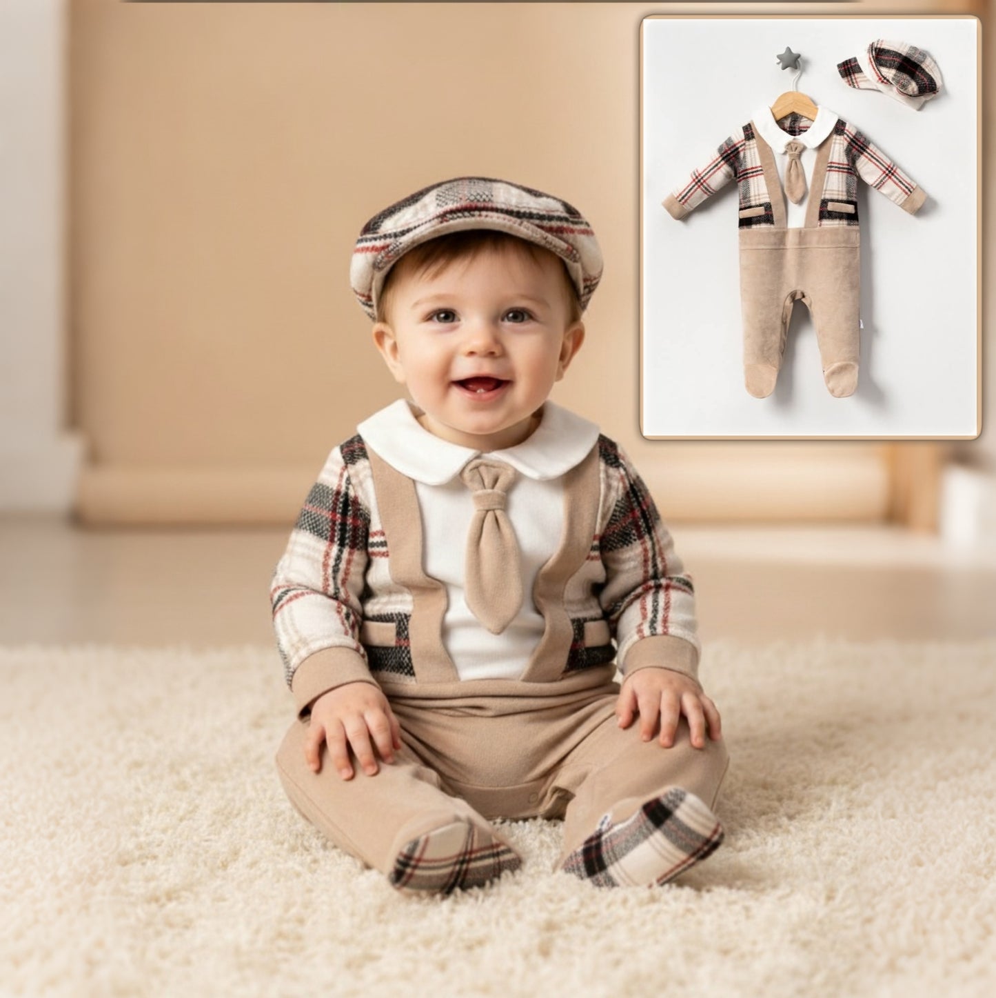 Baby Boy Formal Set – Brown Overall with dark stripes & Beret Ensemble