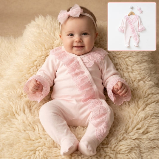 Pink Lace Baby Romper with Headband