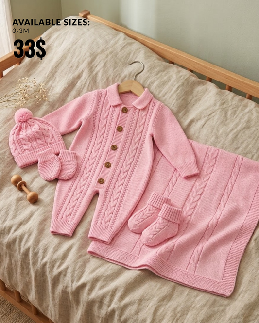 “Pink Knit” Baby Outfit Set – Pink Romper & Blanket