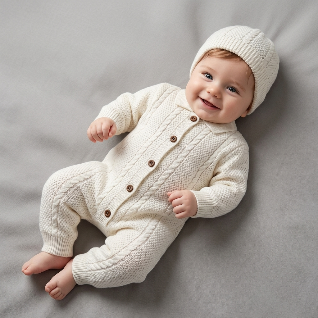 The Gabriel Collared Cable-Knit Romper & Bonnet Set – Crisp White