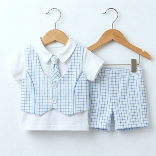 Azure Charm – Baby Boy Checkered Set