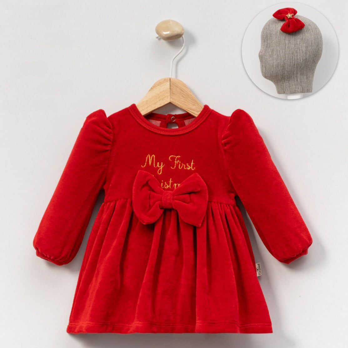 Red Velvet “My First Christmas” Baby Dress – Holiday Outfit with Bow & Matching Hair Accessory