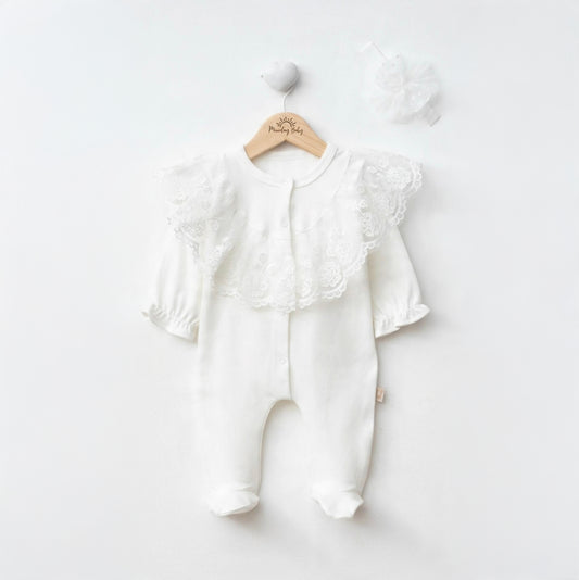 The Vivienne Lace Collar Footed Sleeper Set – Pure White