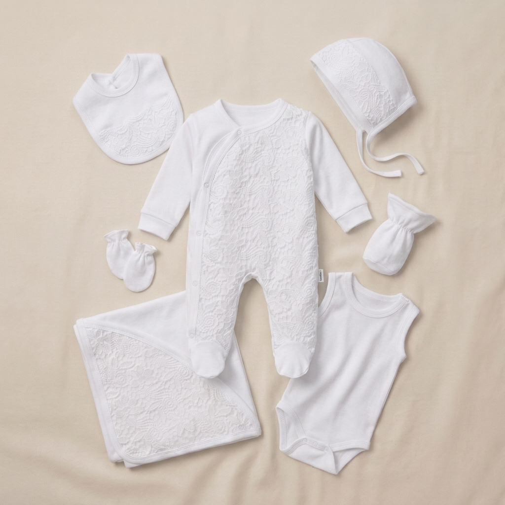 “Blessed Beginnings” Baby Gift Set – Lace-Trimmed Ensemble