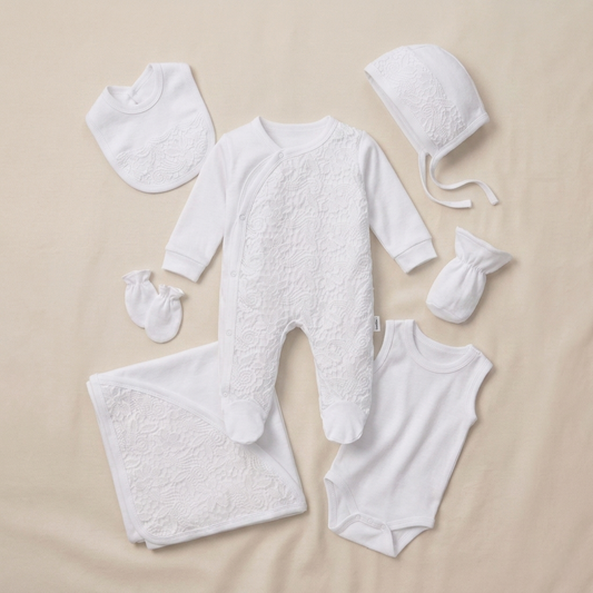 “Blessed Beginnings” Baby Gift Set – Lace-Trimmed Ensemble