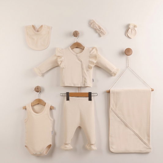 “Lace Haven” Baby Outfit Set – Beige Ensemble