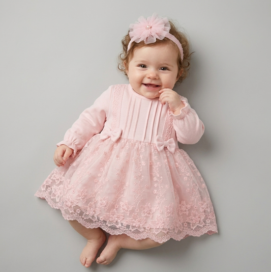 Elegance Pink Lace Baby Dress with Matching Headband Set