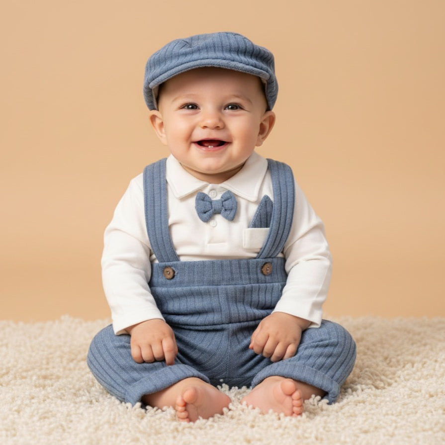 Baby Boy Herringbone Outfit Set – Overalls, Bow Tie Polo Shirt & Cap with Bear Patch