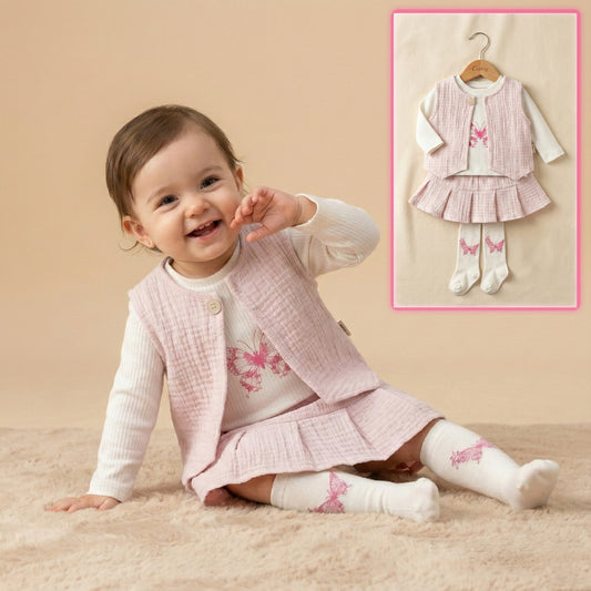 Butterfly Baby Girl Outfit – Ribbed Top, Pink Vest, Tiered Skirt & Printed Tights Set