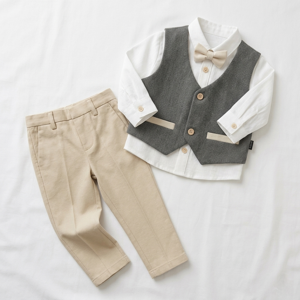 Grey & Beige Toddler Formal Outfit – 4-Piece Set