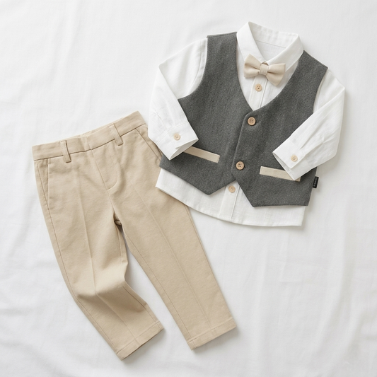 Grey & Beige Toddler Formal Outfit – 4-Piece Set