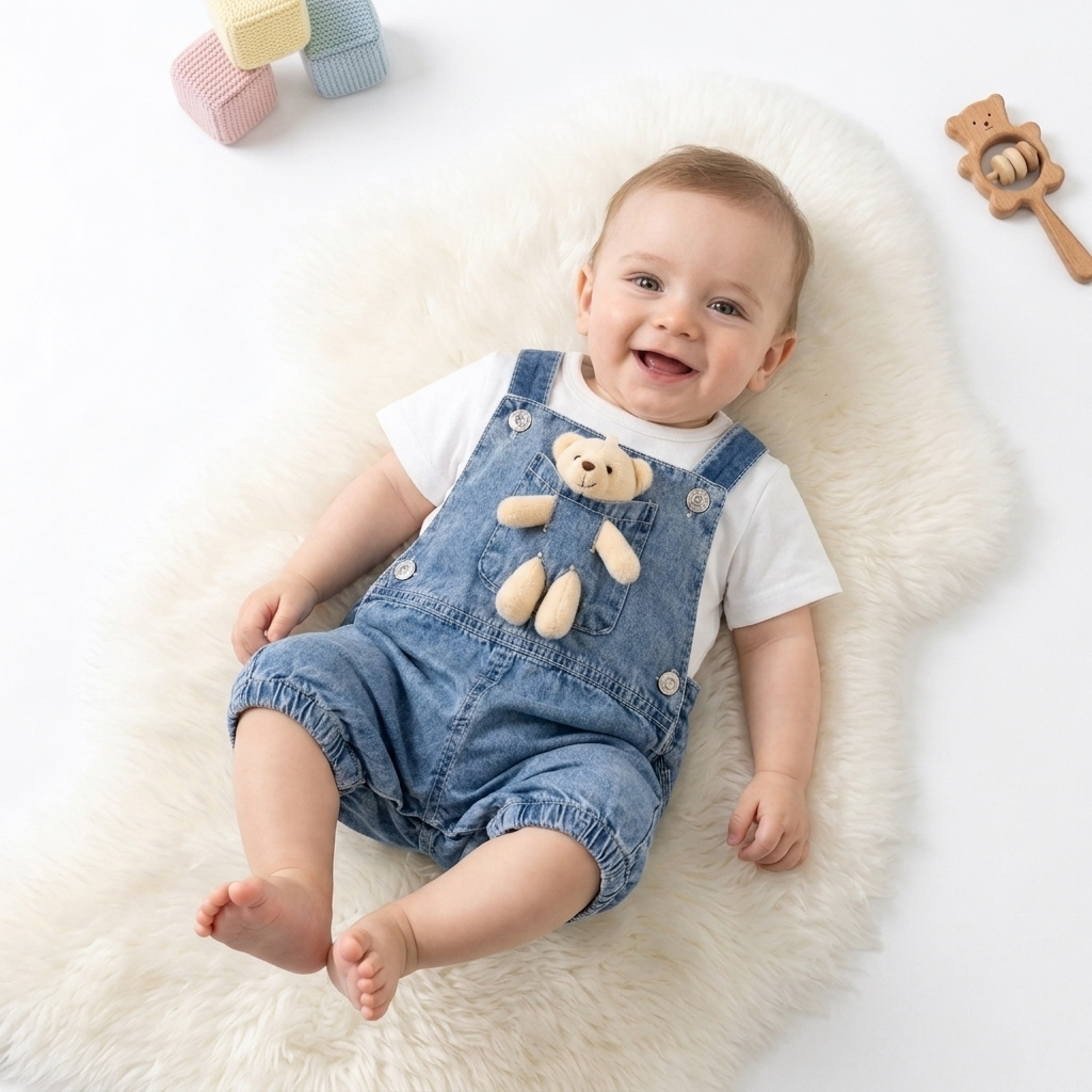 “Bear Buddy” Baby Overall Set – Denim & Tee with Plush Friend