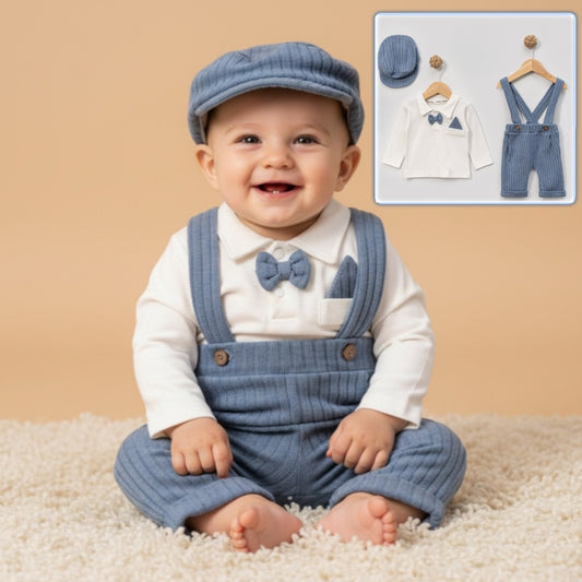 Baby Boy Herringbone Outfit Set – Overalls, Bow Tie Polo Shirt & Cap with Bear Patch