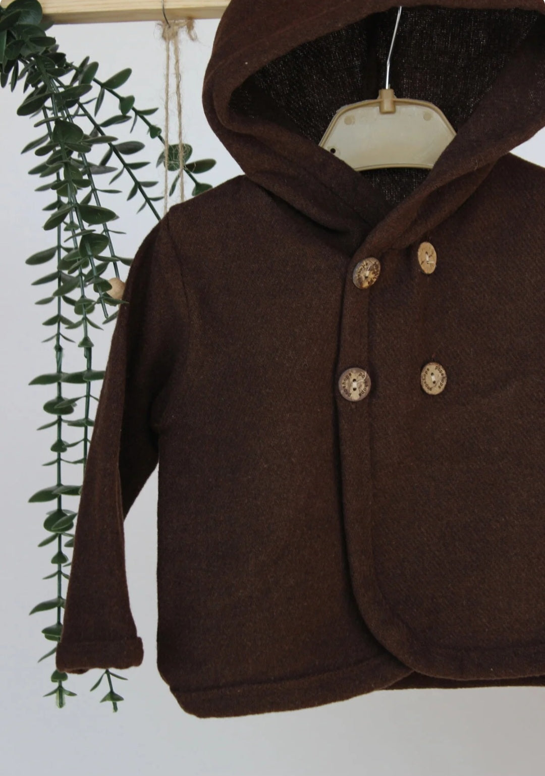 Dark Brown Toddler Outfit – Hooded Double-Breasted Coat & Matching Pants Set for Fall/Winter