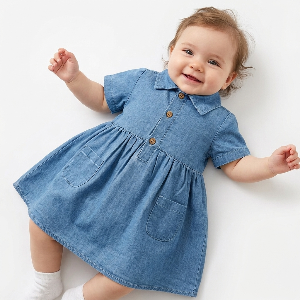 “Skyline Grace” Baby Denim Dress – Button Front & Pocket Detail