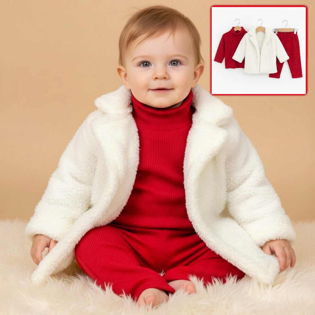 Red & White Winter Baby Outfit – Ribbed Turtleneck, Faux Fur Coat & Pants Set for Cold Weather