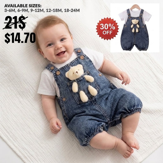 “Bear Tales” Baby Overall Set – Denim & Tee with Plush Friend