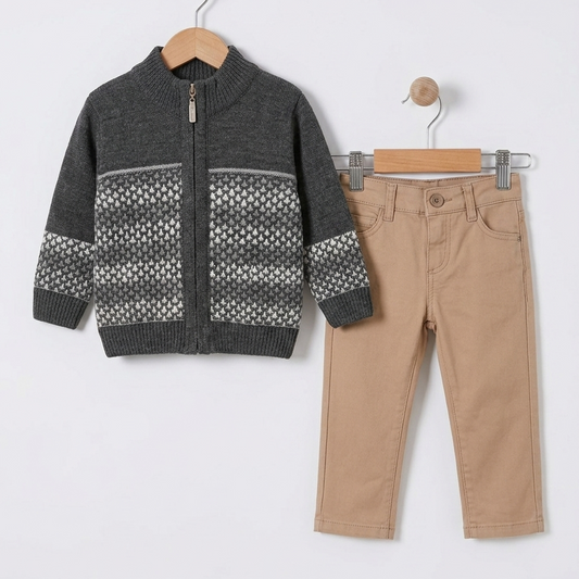 The Miles 2-Piece Zip Cardigan & Pants Set – Dark Gray & Tan